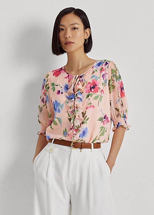 Pink Women’s Ralph Lauren Floral Crinkle Georgette Blouse Tops Pink Women’s Ralph Lauren Floral Crinkle Georgette Blouse Tops