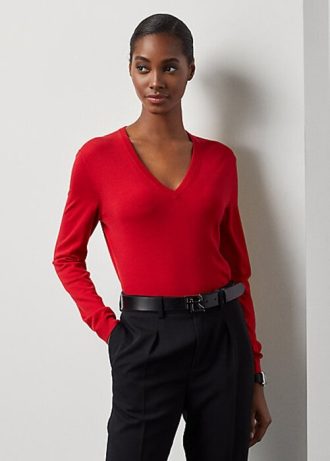 Red Women’s Ralph Lauren Wool Long-Sleeve V-Neck Sweaters
