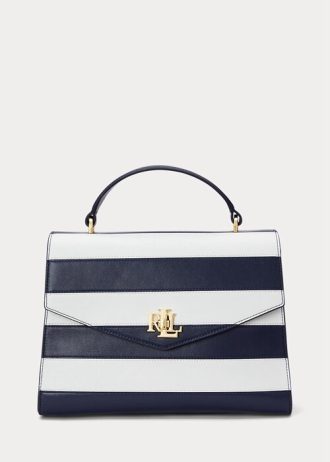 Refined Navy/White Stripe Women’s Ralph Lauren Striped Leather Medium Farrah Satchel Bags