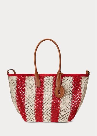 Ruby/Natural Women’s Ralph Lauren Striped Woven Large Bellport Tote Bags