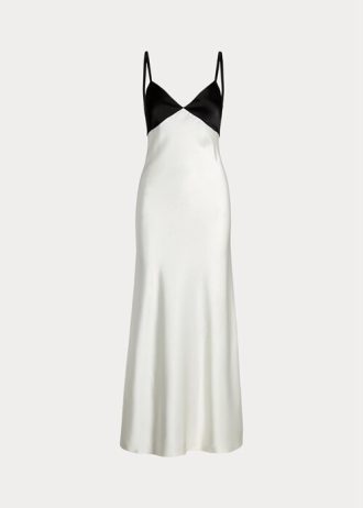 White / Black Women’s Ralph Lauren Contrast Satin Sleeveless Gown Dress