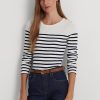 White / Navy Women’s Ralph Lauren Striped Cotton Long-Sleeve T Shirts