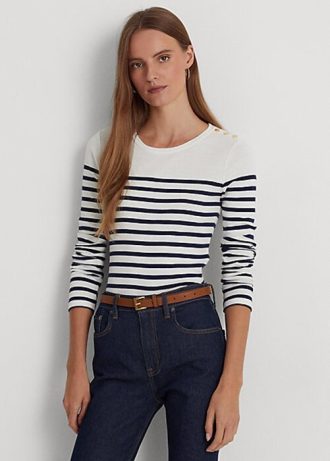 White / Navy Women’s Ralph Lauren Striped Cotton Long-Sleeve T Shirts White / Navy Women’s Ralph Lauren Striped Cotton Long-Sleeve T Shirts