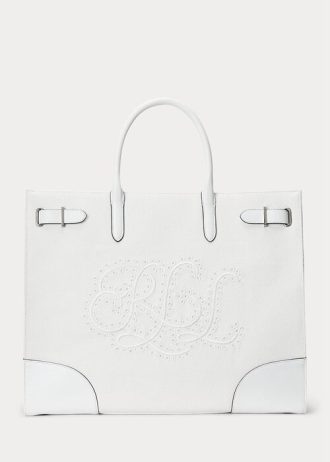 White/White Women’s Ralph Lauren Eyelet Canvas Large Devyn Tote Bags