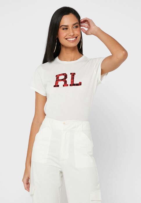 White Women’s Ralph Lauren Round Neck Graphic Tops White Women’s Ralph Lauren Round Neck Graphic Tops