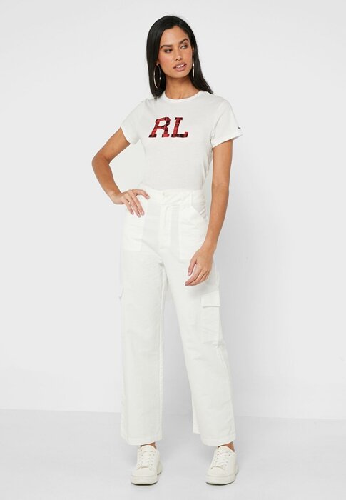 White Women’s Ralph Lauren Round Neck Graphic Tops White Women’s Ralph Lauren Round Neck Graphic Tops